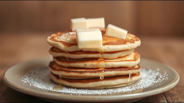 Syrup dripping on a stack of pancakes with butter and powdered sugar on a plate