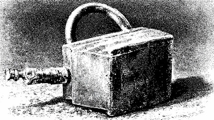 A monochrome illustration of a weathered padlock with a thick, arched handle