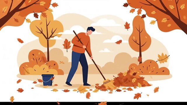 Autumn Leaf Raking Service Illustration: Seasonal Yard Work, Fall Garden Maintenance, Outdoor Cleaning, Residential Landscape Care