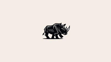 A monochrome illustration of a rhinoceros with a stylized design and bold lines, walking on a cream backdrop