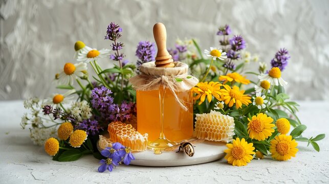 Rustic still life  amber honey jar with honeycomb, flowers, and natural healing elements