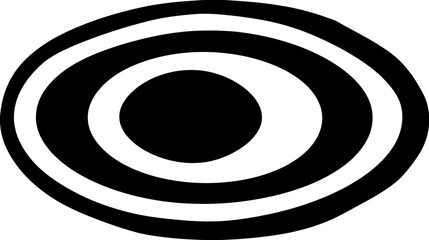Concentric oval shapes with alternating black and white bands, central black dot. Abstract design
