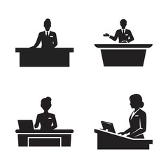 Silhouette icons of professional staff working behind reception, information, and service counters