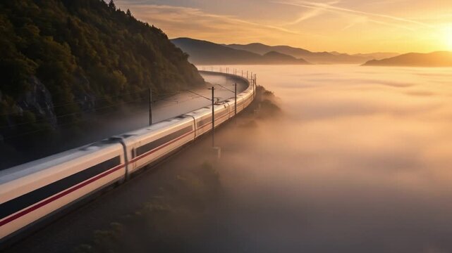 A silver bullet train speeding along a curved track on a mountainous terrain surrounded by fog at sunset. Perfect for transportation, landscape, and travel content.