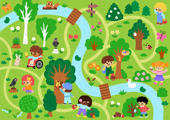 Fototapeta premium Vector Easter egg hunt background. Cute landscape map with kids, trees, bushes, insects, colored eggs, basket, nature element. Woodland scene with path, road children looking for eggs in forest