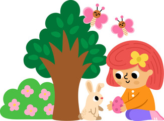Obraz premium Spring holiday illustration with girl giving chocolate egg to bunny, tree, bush with flowers, butterflies. Vector Easter egg hunt concept. Cute kid icon. Children clipart isolated on white background
