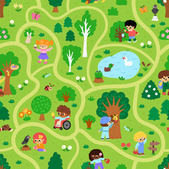 Obraz premium Vector Easter egg hunt repeat background. Cute seamless pattern with landscape map with kids, trees, bushes, basket, nature element. Woodland scene with path, children looking for eggs in forest