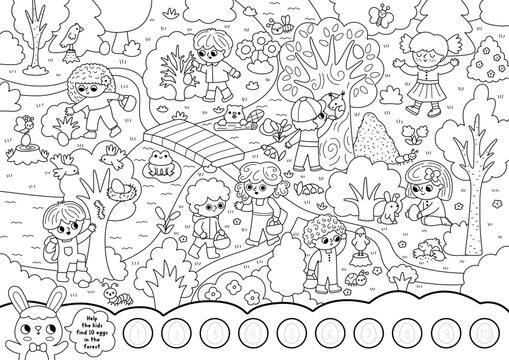 Vector black and white searching game with Easter egg hunt landscape. Spot ten hidden eggs in forest. Woodland line seek and find printable activity for kids. Spring holiday worksheet, coloring page