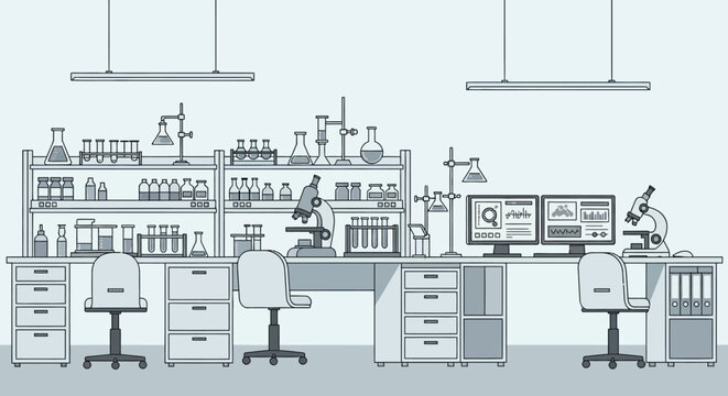 Modern science laboratory interior workspace designed for diverse research and experimentation, featuring essential analytical equipment, microscopes, and computer workstations