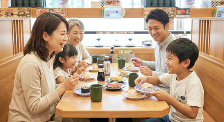 日本の回転寿司を楽しむ家族