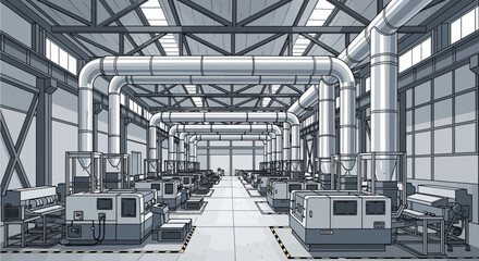 Obraz premium Modern industrial manufacturing facility interior with numerous advanced production machines, a high-tech plant designed for efficient automated processes and future development