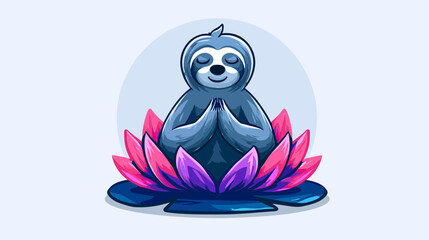 Fototapeta premium A smiling sloth in a meditative pose, resting within a colorful lotus flower on a light blue background