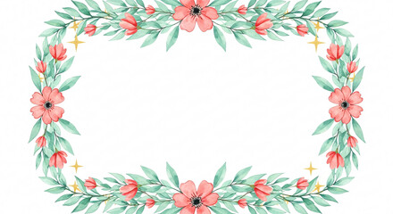 Naklejka premium Floral Frame with Pink Flowers and Green Leaves on White Background Elegant Botanical Border for Invitations and Greetings Card Design