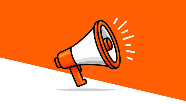 A cartoon megaphone in orange and white, on an orange and white background, with sound lines