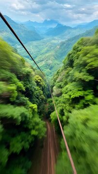 Riding a zipline through a lush green mountain valley with a cloudy sky above