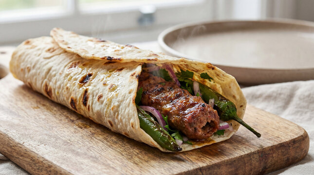 Adana kebab wrapped in flatbread with grilled peppers is served.