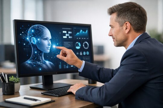 Business professional using desktop computer with futuristic artificial intelligence interface, pointing at humanoid robot face and analyzing data dashboards