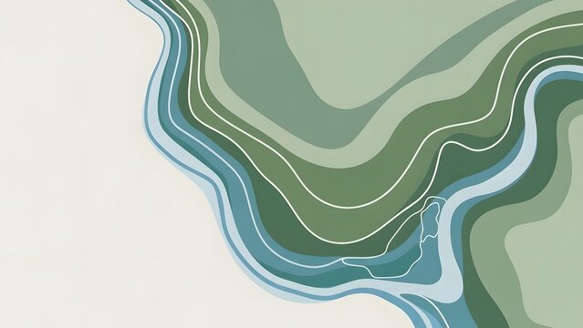 Natural cartography showing land forms and water patterns with layers of green and blue at a specific area
