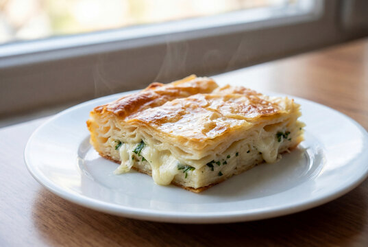 A square of warm borek filled with cheese and spinach on a white plate.
