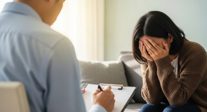 Distressed female patient covers face while speaking with a seated male counselor taking notes