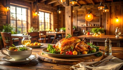 Fototapeta premium Rustic Western restaurant serving roasted chicken with herbs