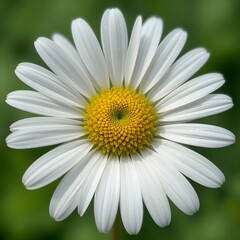Obraz premium “Beautiful White Daisy Flower with Yellow Center in Full Bloom, Macro Close-Up of Fresh Chamomile or Daisy Blossom Isolated Against Soft Green Blurred Background, Spring Nature and Floral Beauty Conce