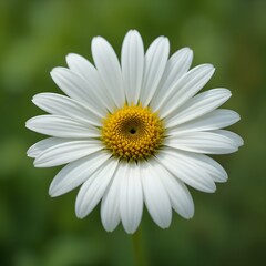 Obraz premium “Beautiful White Daisy Flower with Yellow Center in Full Bloom, Macro Close-Up of Fresh Chamomile or Daisy Blossom Isolated Against Soft Green Blurred Background, Spring Nature and Floral Beauty Conce