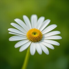 Fototapeta premium “Beautiful White Daisy Flower with Yellow Center in Full Bloom, Macro Close-Up of Fresh Chamomile or Daisy Blossom Isolated Against Soft Green Blurred Background, Spring Nature and Floral Beauty Conce