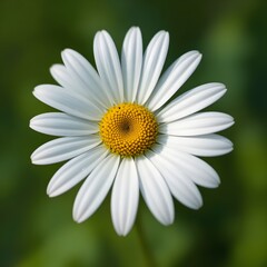Fototapeta premium “Beautiful White Daisy Flower with Yellow Center in Full Bloom, Macro Close-Up of Fresh Chamomile or Daisy Blossom Isolated Against Soft Green Blurred Background, Spring Nature and Floral Beauty Conce