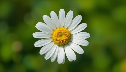 Fototapeta premium “Beautiful White Daisy Flower with Yellow Center in Full Bloom, Macro Close-Up of Fresh Chamomile or Daisy Blossom Isolated Against Soft Green Blurred Background, Spring Nature and Floral Beauty Conce