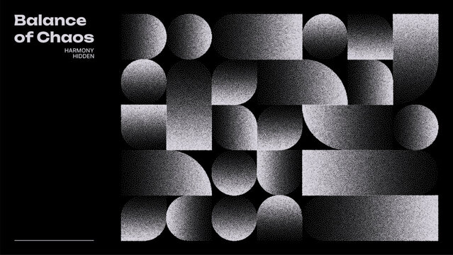 Abstract geometric shapes in retro dotted pattern. Dynamic bauhaus vector graphic for modern design. Contemporary art and technology.