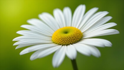 Obraz premium “Beautiful White Daisy Flower with Yellow Center in Full Bloom, Macro Close-Up of Fresh Chamomile or Daisy Blossom Isolated Against Soft Green Blurred Background, Spring Nature and Floral Beauty Conce