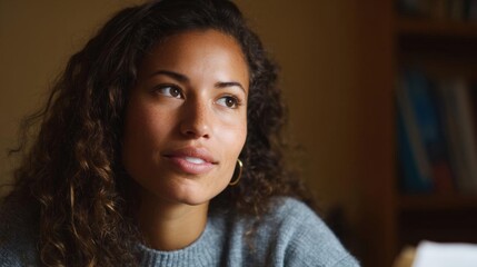 Fototapeta premium Close-up portrait of a young woman with curly hair. she is looking off to the side with a thoughtful expression on her face. she has a slight smile on her lips and is wearing a gray sweater.