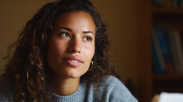 Close-up portrait of a young woman with curly hair. she is looking off to the side with a thoughtful expression on her face. she has a slight smile on her lips and is wearing a gray sweater.