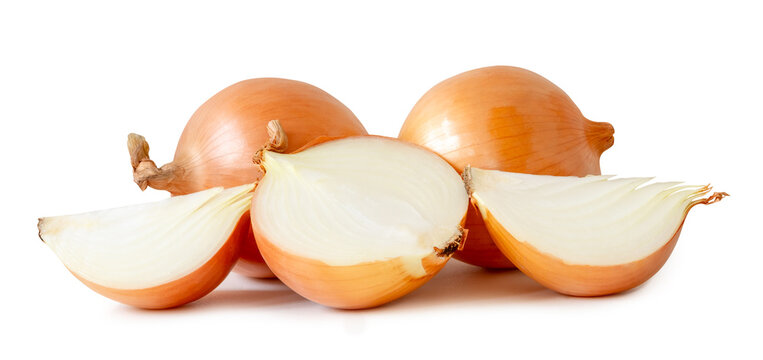 Two bulbs of white or big onions with slices in half and quarters in stack isolated on white background with clipping path