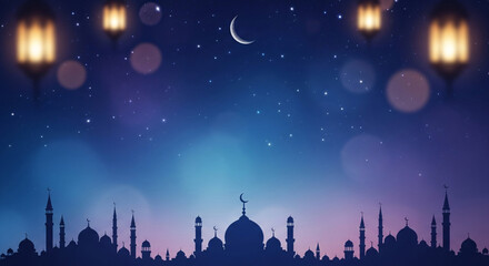 Eid Mubarak Celebration Silhouette of Middle Eastern Cityscape with Hanging Lanterns and Crescent Moon Against Starry Dark Blue and Purple Sky
