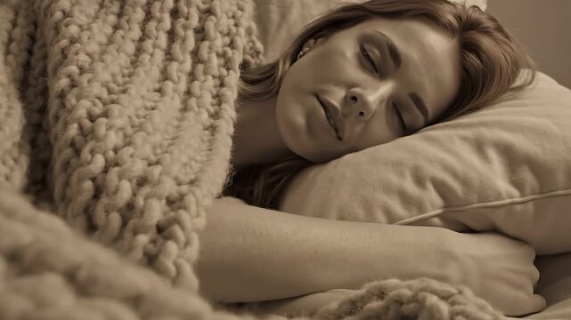 Woman Sleeping Peacefully on Soft Pillow.