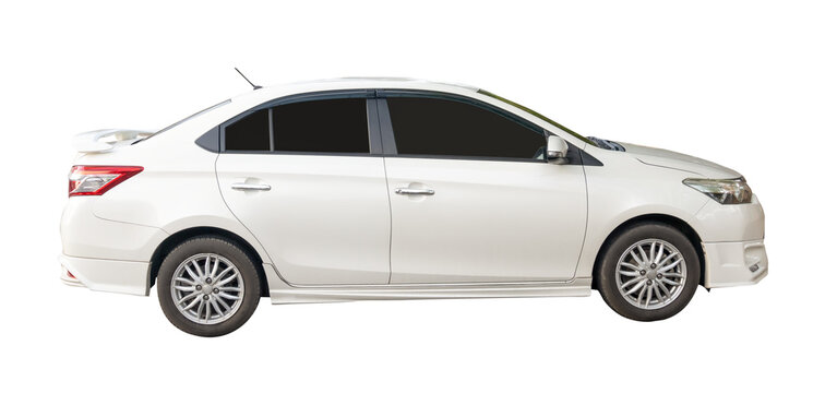 Right side view of white sports sedan car isolated with clipping path in png file format