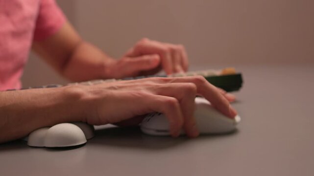 Keyboard setup showcase, Ergonomic mechanical keyboard display, Closeup of tactile switches on custom keyboard, Designer testing pastel keycaps with ergonomic wrist cushion setup