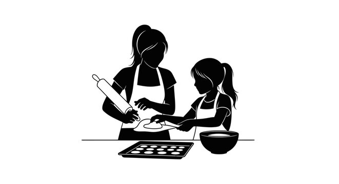 Silhouette of a mother and daughter baking together, creating a heartwarming family moment.