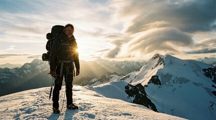 Mountaineer Reaching Snowy Summit at Sunrise with Dramatic Clouds