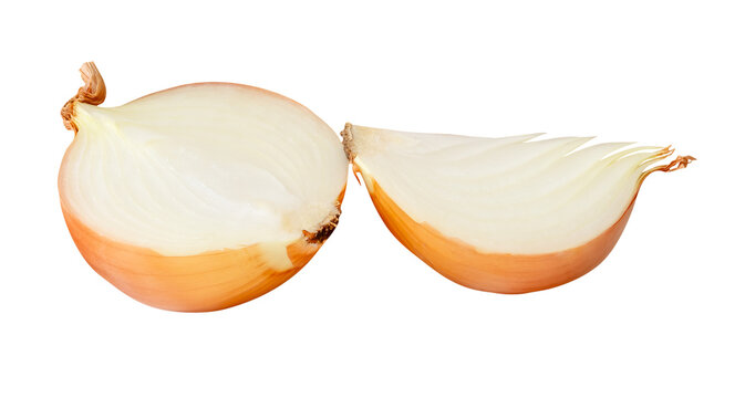 White or big onion bulb in half and quarters in stack isolated with clipping path in png file format