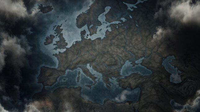 Dramatic aerial view of Europe map with stormy clouds representing geopolitical tension, crisis, uncertainty, and turbulent times. Dark blank european map.