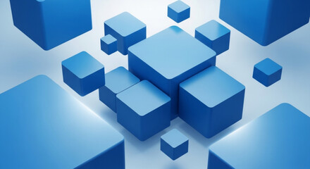 Obraz premium Blue 3d cubes of various sizes on a gradient background