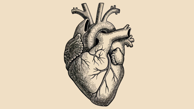 Detailed Anatomical Illustration of a Human Heart in Vintage Style.