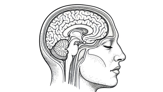 Detailed anatomical illustration of human brain and head in profile.