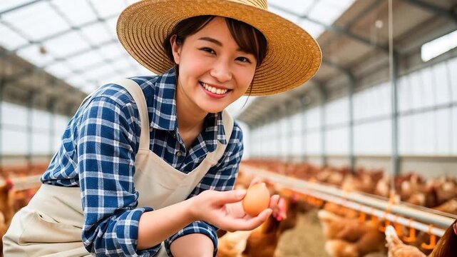 日本の養鶏場で働く若い女性