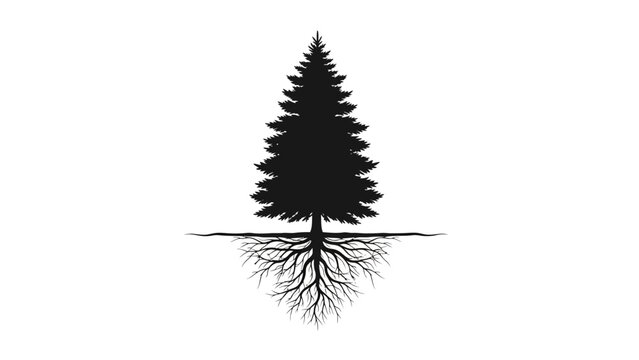 Silhouette of a pine tree with roots on a white background, vector illustration.