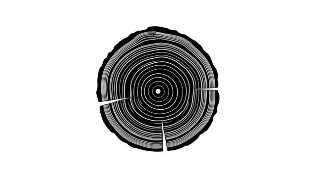 Monochrome illustration of a tree trunk cross-section with growth rings on white background.