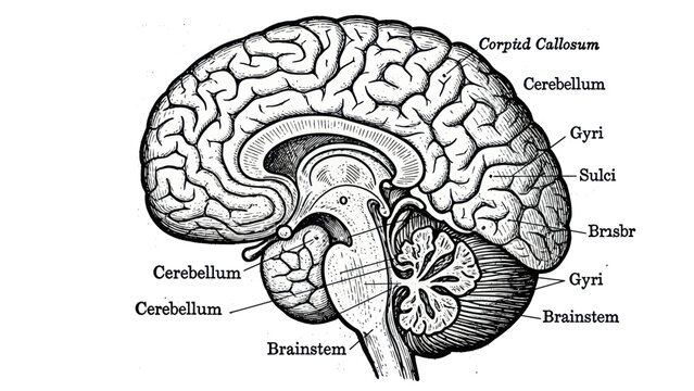 Detailed anatomical illustration of the human brain sagittal view showing internal structures and external features.